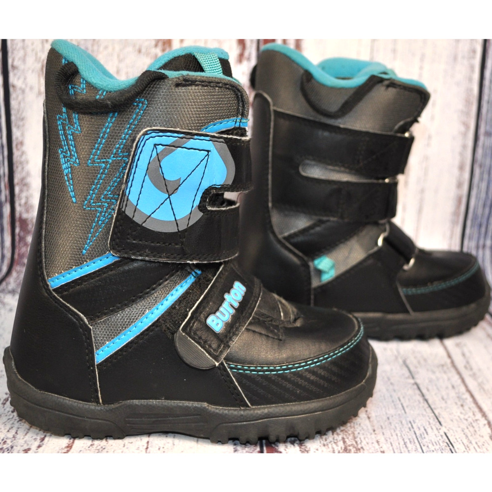 Burton Grom Kids Size 11C EU 28 Snowboard Boots Black W/Blue Closure Hook & Loop
